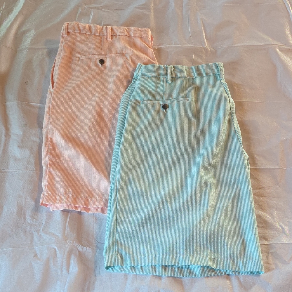 Haggar Men's‎ Lot of Two Pair 9" Seersucker Shorts Peach Turquoise Preppy 42